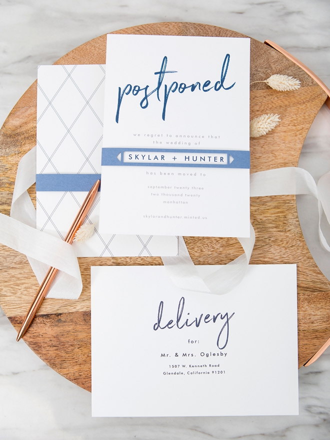 Gorgeous change the date wedding invitation from Minted