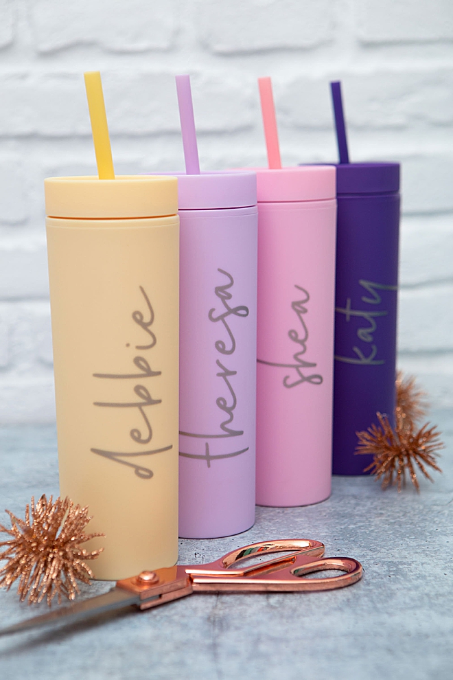 Make custom bridesmaids skinny tumblers using your Cricut!