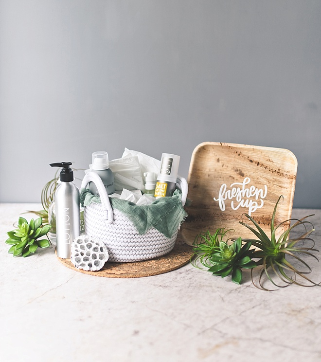 Chic wedding reception bathroom basket